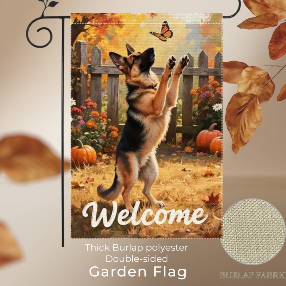 Garden Flag, 12”x18”, “Welcome” German Shepherd Pumpkin Butterfly, Thick Burlap